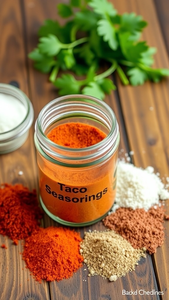 Simple 5-Ingredient Taco Seasoning Recipe A jar of homemade taco seasoning with spices on a wooden table.